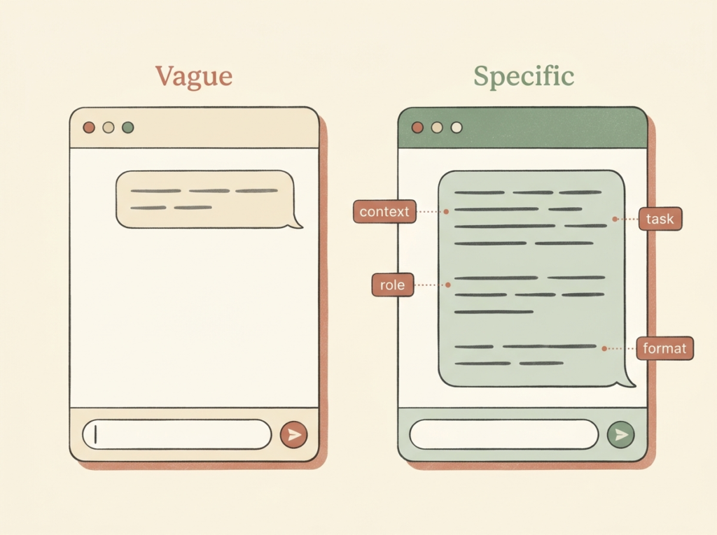 Side-by-side comparison of a vague AI prompt versus a specific, well-structured prompt with labeled components.