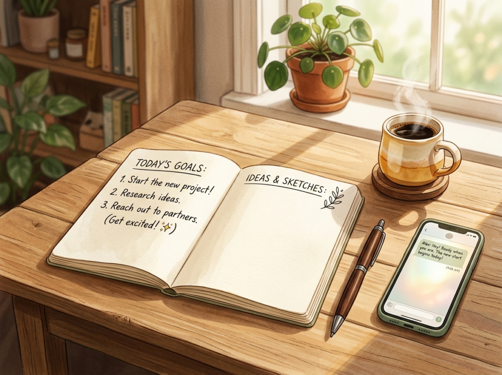 Cozy desk scene with a notebook, coffee cup, and smartphone, suggesting the start of a small business AI journey.
